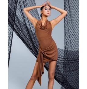 Fringe Salsa Latin dance dress women's black coffee lace-up halter neck swing collar backless skirt side streamer training suit